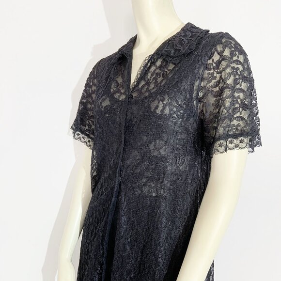 Vintage Black Lace Bed Jacket / Duster Dress by Dore / Made in Canada / Small - Picture 9 of 14